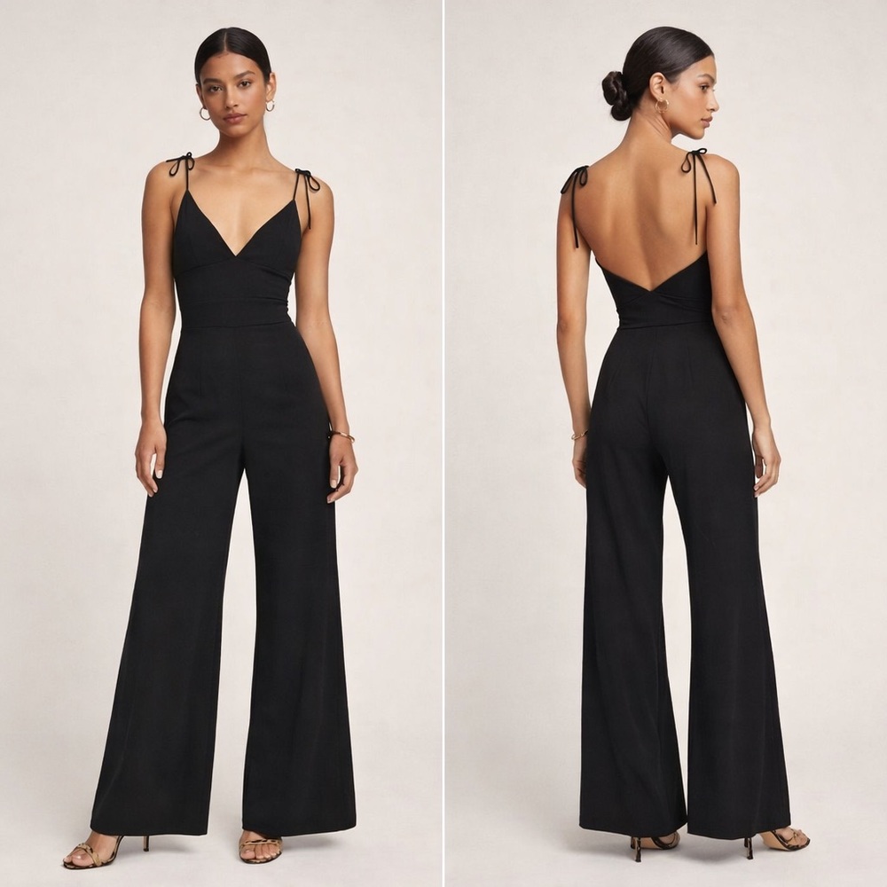 Reformation Black Wide Leg Jumpsuit Size 8 Tie Strap V-Neck Flowy Minimal Chic